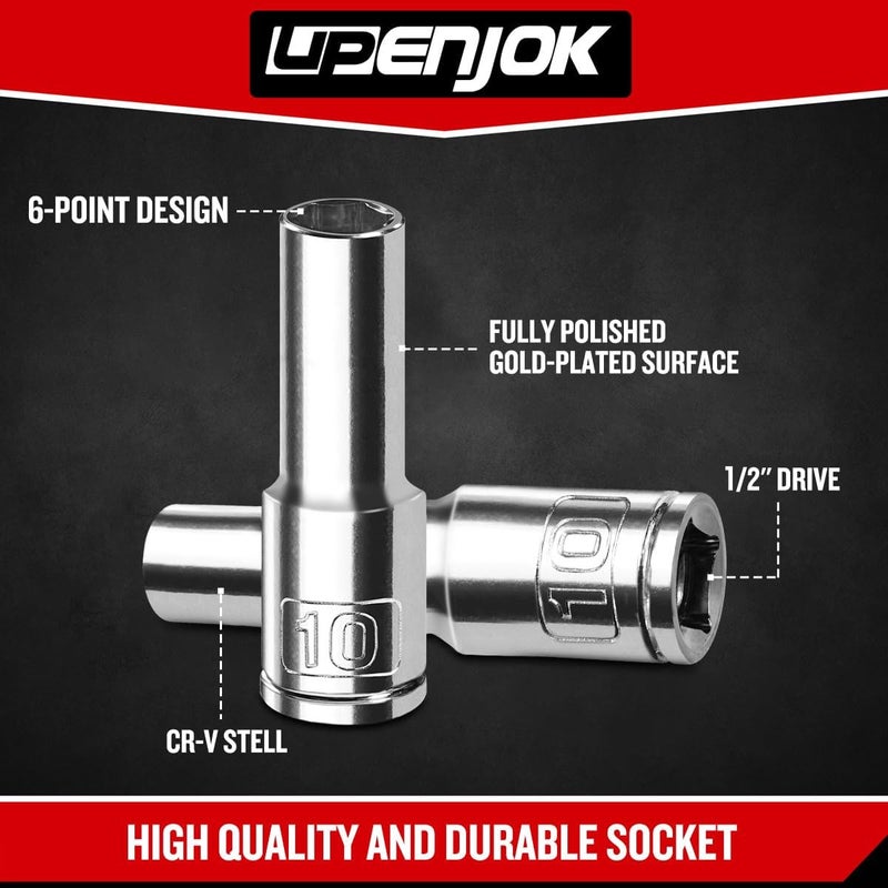 Upenjok 2PCS 1/2" Drive 10mm Socket Set, Deep, Mirror Finish, Cr-V Steel, 6-Point - Image 5